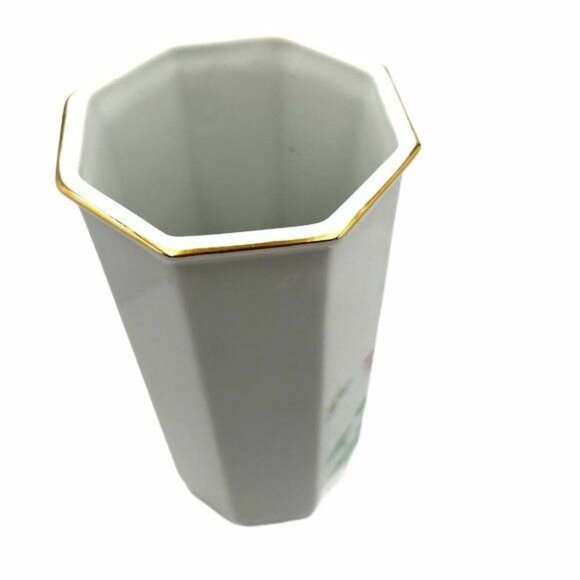 VTG Otagiri Japan "Lotus Garden" Octagonal Porcelain Vase Gold Rim 7 1/2” High - Picture 9 of 12